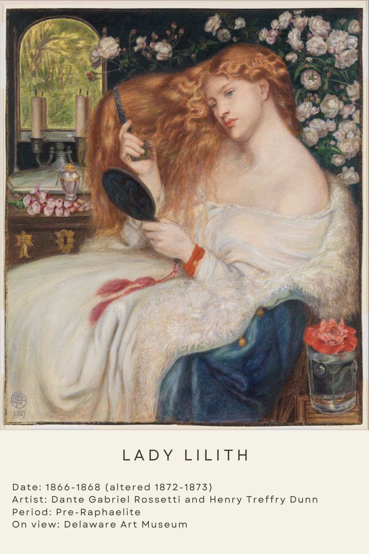 Art print of Rossetti’s Lady Lilith: a red-haired woman combing her hair before a hand mirror, captioned with the painting’s date and artist