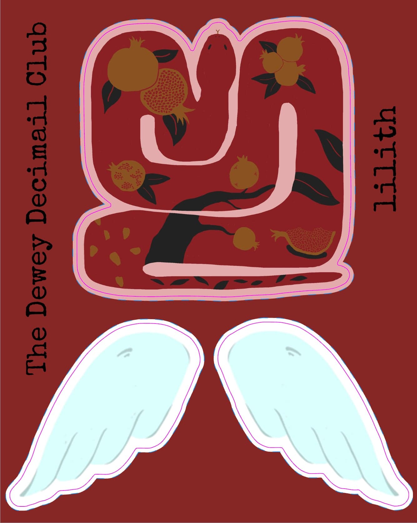Sticker sheet on deep red: a pale pink snake coiled through a pomegranate tree, and a pair of pale blue wings